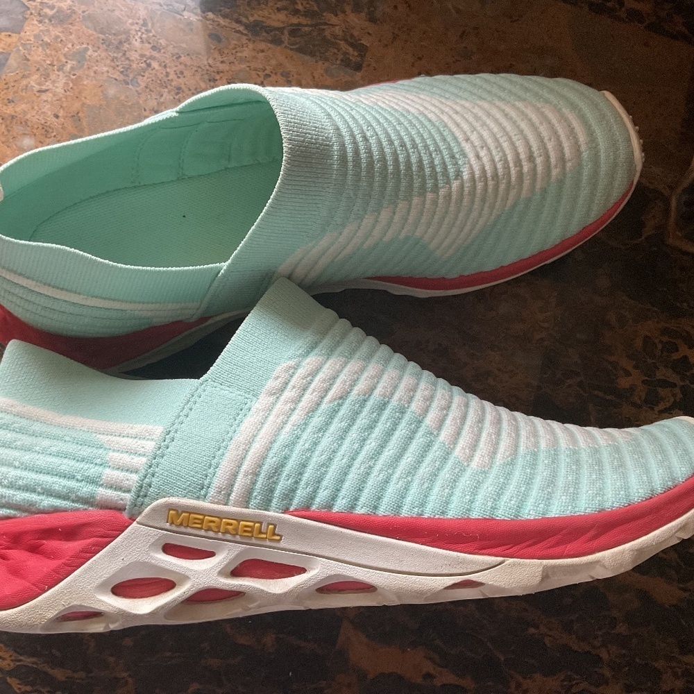 MERREL LIGHT TURQUOISE BLUE/RED SOLE STRETCH WOMEN SNEAKERS SIZE US 8.5 - Picture 11 of 12